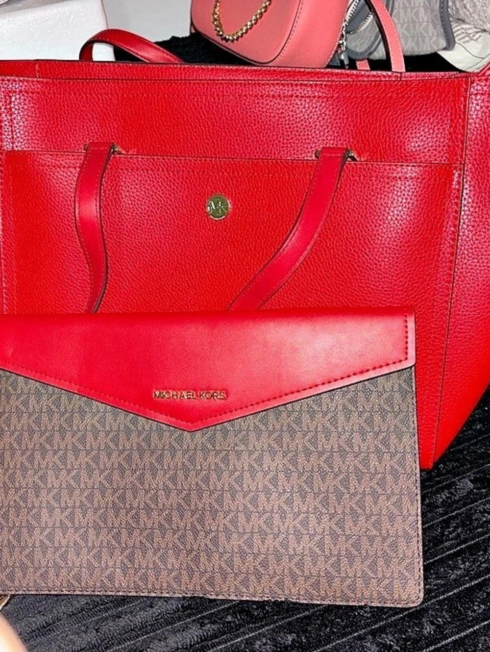Michael Kors Red & Brown Tote with Matching Wristlet